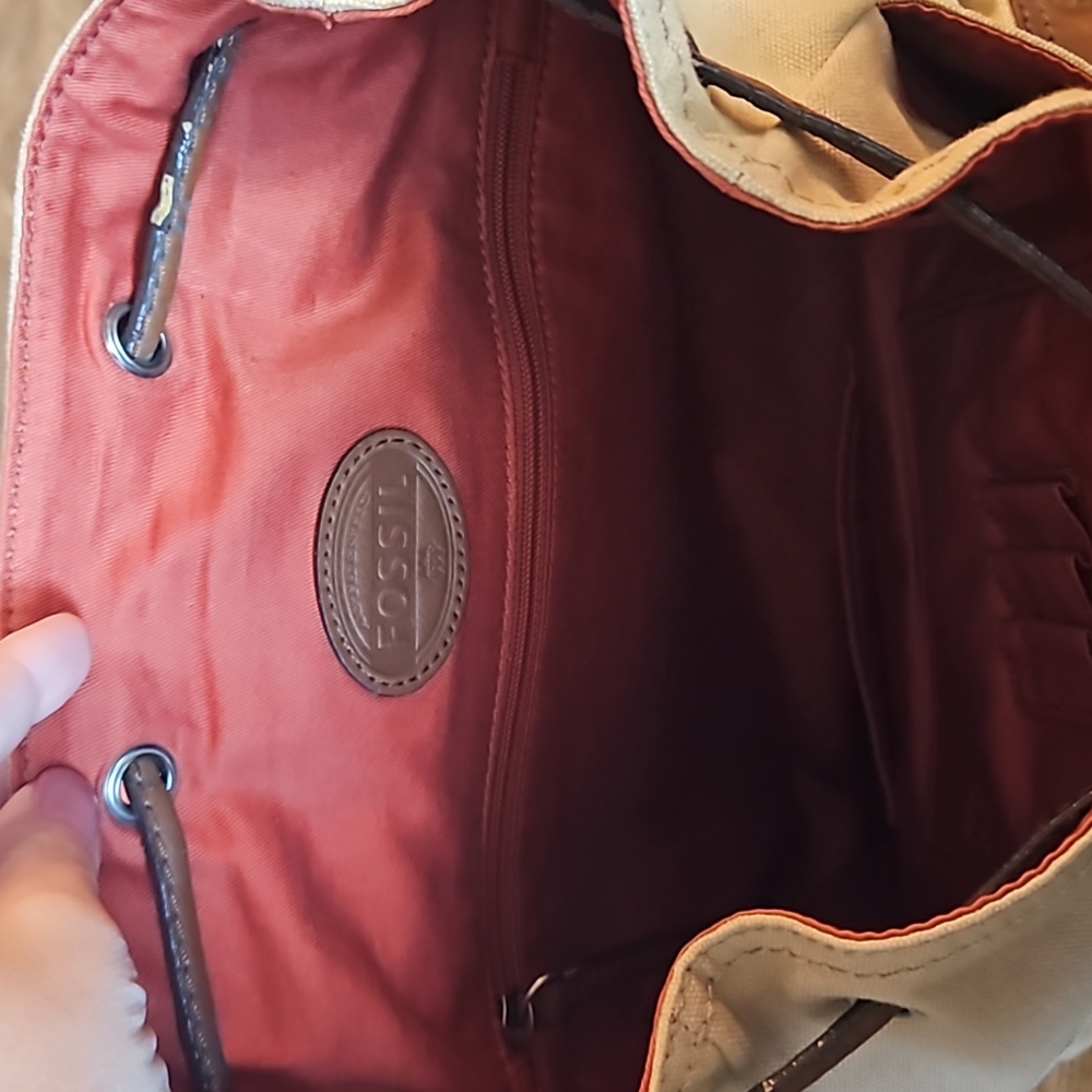 Fossil Tan Canvas And Leather Drawstring Backpack… - image 7